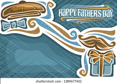 Vector greeting card for Father's Day, decorative border with lettering for headline, blue empty space for wishes, illustration of mens accessories, fun hipster typeface for words happy father's day.