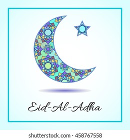 Vector greeting card to Feast of the Sacrifice (Eid-Al-Adha). Congratulation's background with text and muslim symbols