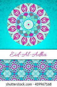 Vector greeting card to Feast of the Sacrifice (Eid-Al-Adha). Congratulation's background with text and mosaic mandalas patterns. A4 format