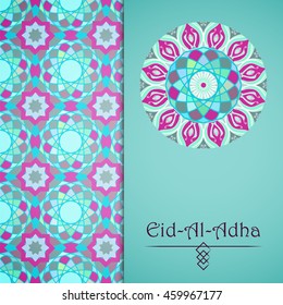 Vector greeting card to Feast of the Sacrifice (Eid-Al-Adha). Congratulation's background with text and mosaic mandalas patterns