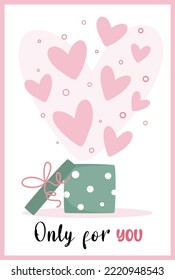 Vector greeting card with a festive green open box with many hearts on a white background. Ready-made Greeting illustration Happy Valentine's Day for printing, banners, prints, social networks, etc..