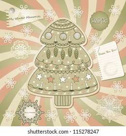 vector greeting card with fir tree, scrapbook style, fully editable eps 10 file with transparency effects, standart AI fonts
