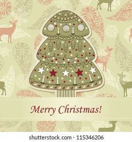 vector greeting card with fir tree on seamless,  fully editable eps 10 file with transparency effects, standart AI font "monotype corsiva"