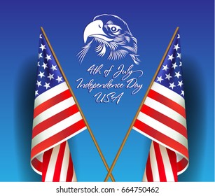 Vector greeting card with flags on the 4th of July holiday. Eagle