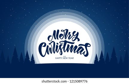 Vector greeting card with flat night silhouette forest landscape and handwritten lettering of Merry Christmas and Happy New Year