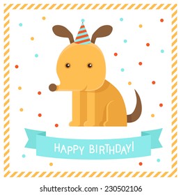 Vector greeting card in flat style with funny dog - happy birthday