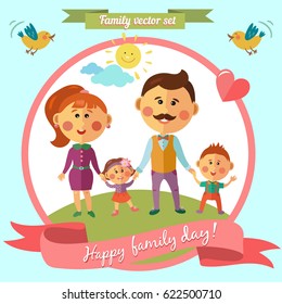 Vector greeting card in flat style. Mother, father, daughter and son. Family day. Picnic, nature. Sun and cloud. Outing. Family.