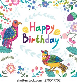 Vector Greeting card of floral background, birds and hand drawn lettres.