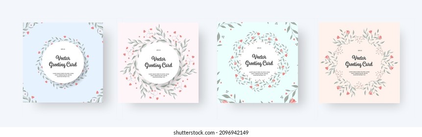 Vector greeting card with floral colorful wreath on colored background. Greeting card, invitation to a wedding, holiday, event. Flyer, post with decorative elements in the ornament, leaves, twigs