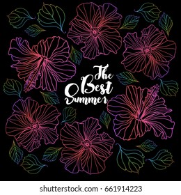 Vector greeting card with floral elements. A bright template for your design. Flower wreath of hibiscus flowers with space for text the best summer .