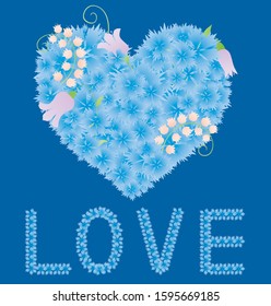 Vector greeting card with floral heart from blue cornflowers and lettering love