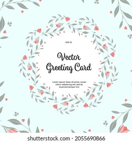 Vector greeting card with floral ornaments on a green background. Postcard template with flowers, twigs, leaves, and a white circle for an inscription. Creative flyer for a holiday, a significant date