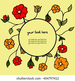 Vector greeting card with flower ornament. There is a circular space for your text. Handmade. It can be used for packaging, invitations, holiday cards, etc.