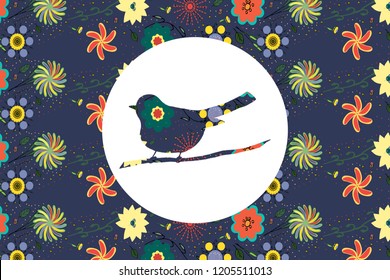 Vector greeting card with flowers. Bird silhouette of flowers.