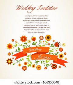 Vector greeting card with flowers and ribbon