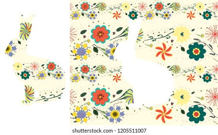Vector greeting card with flowers. Silhouette of a hare of flowers.