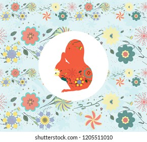 Vector greeting card with flowers. Silhouette of a squirrel from flowers.