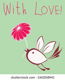 A vector greeting card of a flying bird with a flower