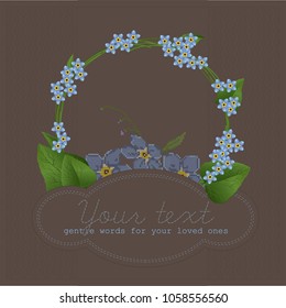Vector greeting card with forget-me-not flowers and cross-stitch. Banner with text and finishing line.