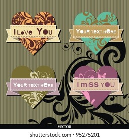Vector greeting card with four heart on a striped background