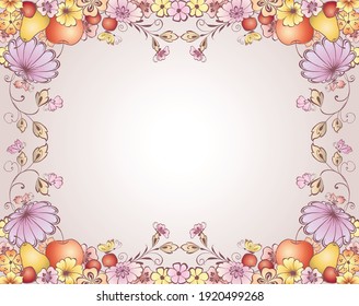 Vector greeting card with frame from drawn fruits and flowers