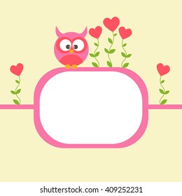 Vector greeting card, frame on the romantic theme. Owl among the flowers in the shape of hearts.