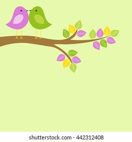 Vector greeting card, frame on the summer theme. Couple of birds sitting on the tree with brightly colored leaves. There's space for photo or text.