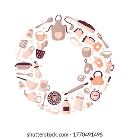 Vector greeting card frame with place for text for food blog kitchen in the shape of round. Cute design cooking scandinavian element for restaurant, cafe menu banner, poster.