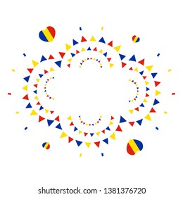 Vector greeting card, frame template for romanian holidays design with decoration elements, garlands, hearts and confetti.