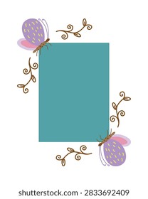 Vector greeting card frame template featuring a teal blue rectangular text placeholder decorated with stylized purple butterflies and brown vine sprigs. Ideal for birthday invitations, greeting cards, gift certificates, and social media posts.