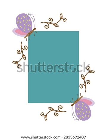 Vector greeting card frame template featuring a teal blue rectangular text placeholder decorated with stylized purple butterflies and brown vine sprigs. Ideal for birthday invitations, greeting cards, gift certificates, and social media posts.