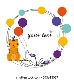Vector greeting card frame with text tiger and balloons