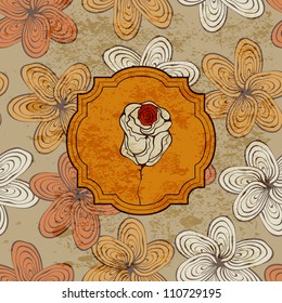 vector greeting card with funky rose on  floral seamless  bizarre pattern, grungy texture, fully editable eps 10 file with clipping mask,  pattern in swatch menu