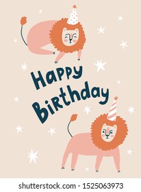 Vector greeting card with funny lion and lettering - Happy Birthday. Vector print design for kids. Animal illustration. 