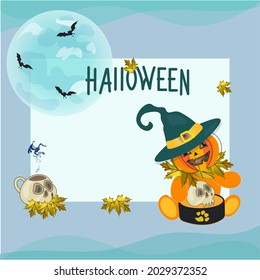 Vector greeting card funny pumpkin for the Halloween holiday. Decorative design with a blue background, autumn leaves, the moon, a skull and a place for text. Cartoon style, a template for the design.