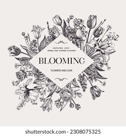 Vector greeting card with garden flowers. Floral frame. Rhombus. Isolated. Black and white graphics.