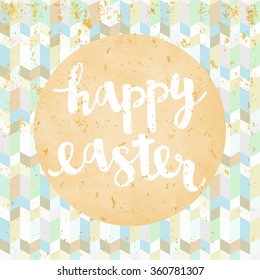 Vector greeting card with geometric background. Watercolor sticker with gold foil. Calligraphy lettering Happy Easter