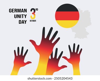 Vector greeting card for German Unity Day with silhouette of hands and congratulatory text. October 3. Germany map country silhouette vector drawing template for your design.