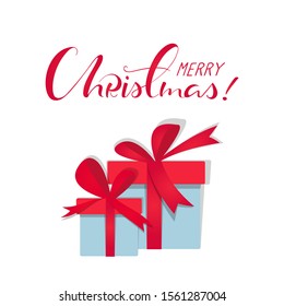Vector greeting card with gift boxes and Lettering Merry Christmas. Easy to use business template. Cute illustration of gift box present with red bow and handdrawn lettering