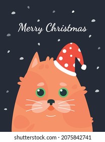 Vector greeting card with ginger cat in christmas hat. Template for banner, card or poster. Cute cat with title Merry Christmas. Cartoon fat cat.