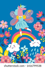 Vector greeting card with the girl in a mask of a unicorn with fairy wings and a magic wand in her hand
walking on a rainbow over a flower meadow in trendy colors