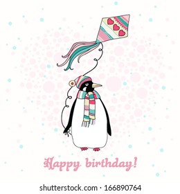 Vector greeting card for girls with a cheerful colorful penguin and kite. Winter background.
