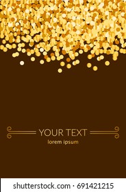 Vector greeting card with gold foil confetti on dark gold background