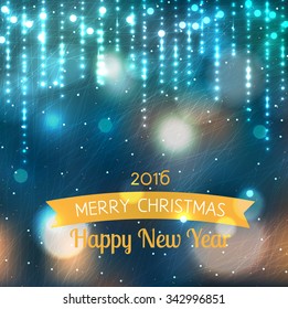 Vector greeting card with gold Merry Christmas and Happy New Year 2016. Christmas balls on blurred ice background with lights and bokeh.