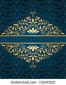 Vector greeting card with golden frame and  seamless vintage floral pattern, seamless pattern in swatch menu