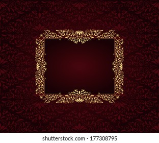 Vector greeting card with golden frame on vintage pattern