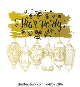 Vector greeting card with golden lanterns and handwritten calligraphic inscription Iftar Party. Islamic holiday Ramadan Kareem. Hand drawn lamps. Modern brush lettering.