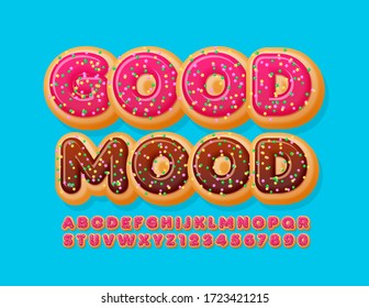 Vector greeting card Good Mood with Donut Font. Pink Glazed Alphabet Letters and Numbers with Sprinkles