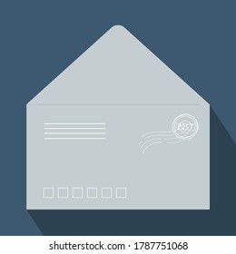Vector greeting card and gray color mail envelope on blue isolated background. For letters, valentines and invitations. Template for website and print. Stock illustration