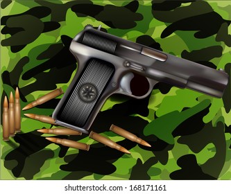 vector greeting card with gun and bullets, related to Victory Day or 23 February 